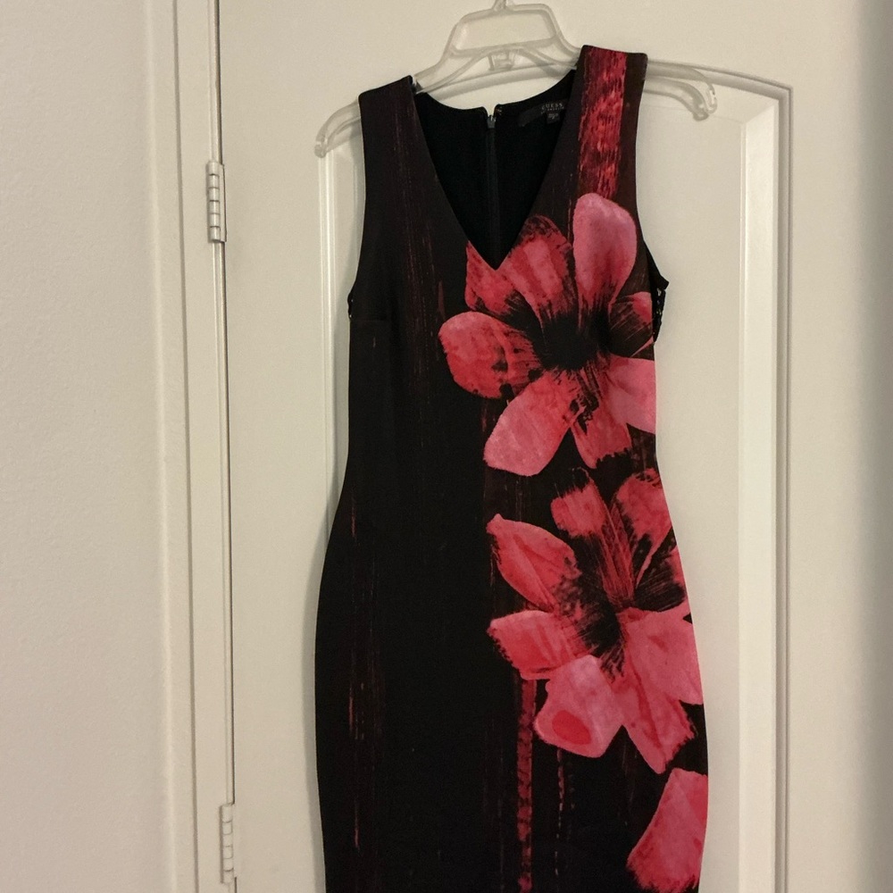 Guess Black and Pink Floral Midi Dress